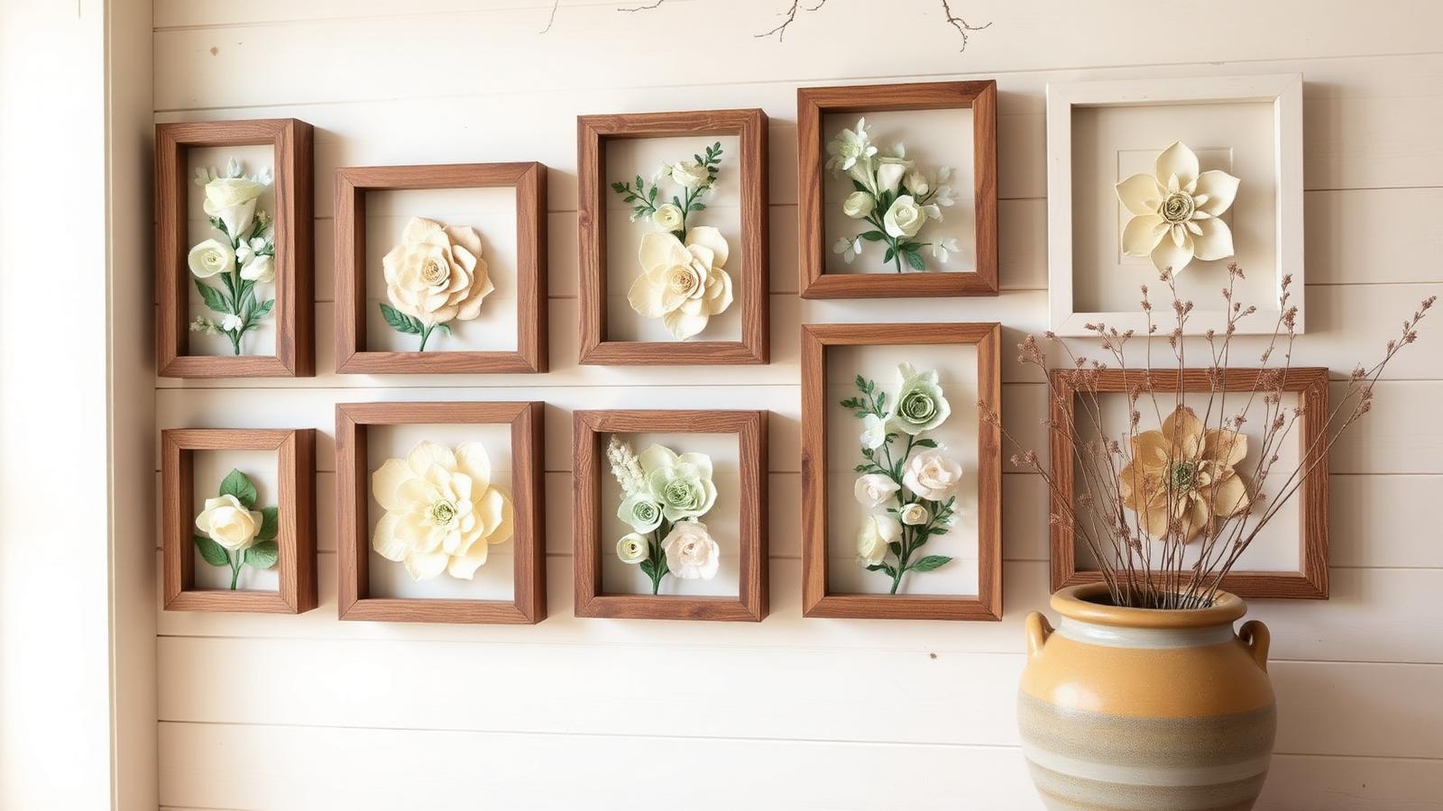 Farmhouse gallery wall of handmade paper flower shadow boxes in wood frames