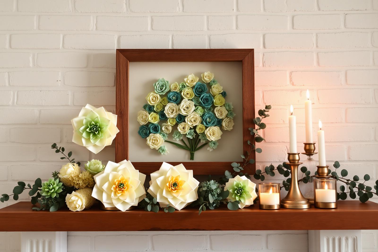 Paper flower shadow box and decorative spheres styled on a farmhouse mantel