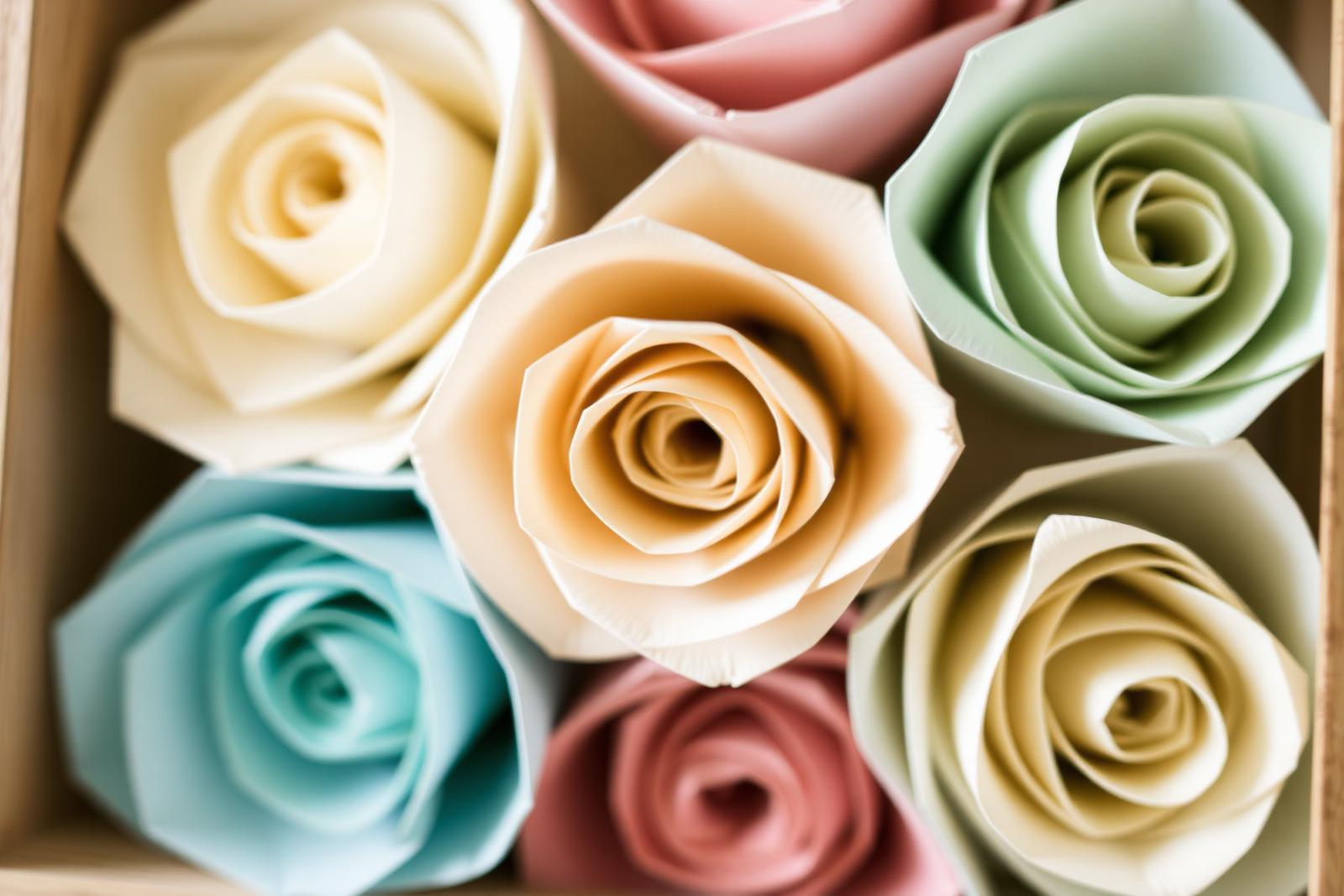 Close up of hand rolled paper flowers in cream, teal and blush