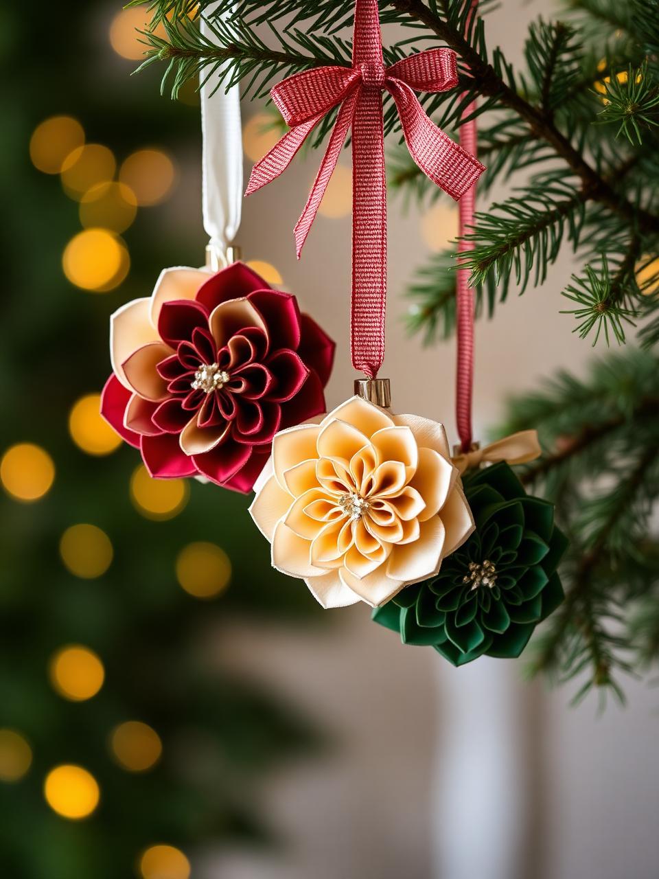 Handmade paper flower ornaments hanging on an evergreen branch