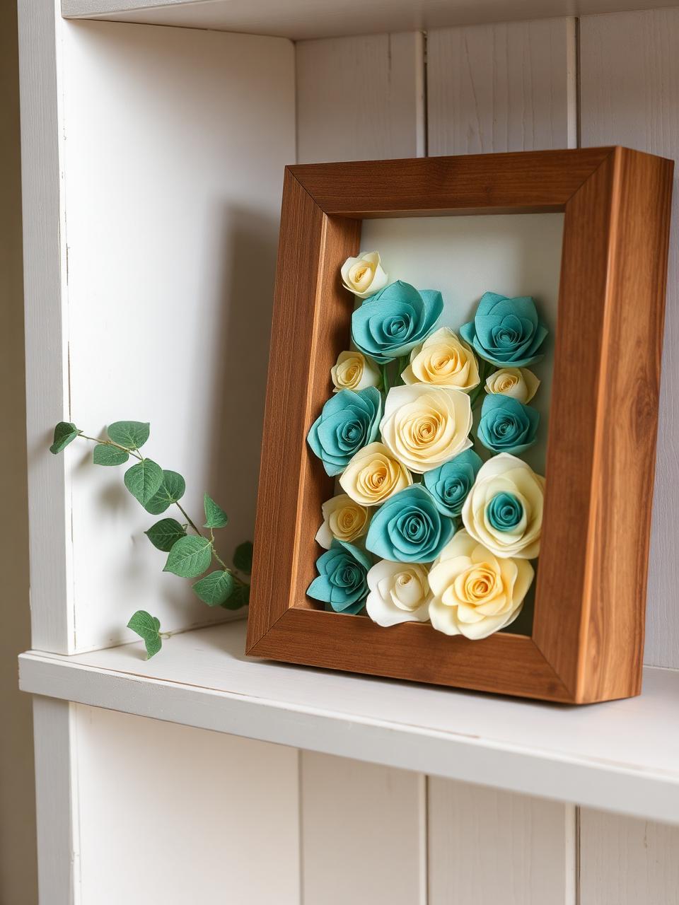 Rolled paper flower shadow box in a rustic wood frame