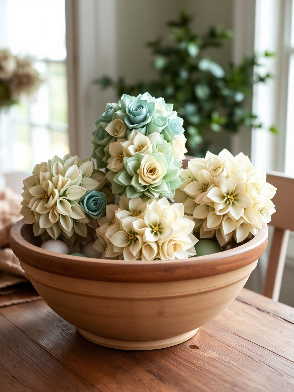 Decorative paper flower spheres in a wooden dough bowl