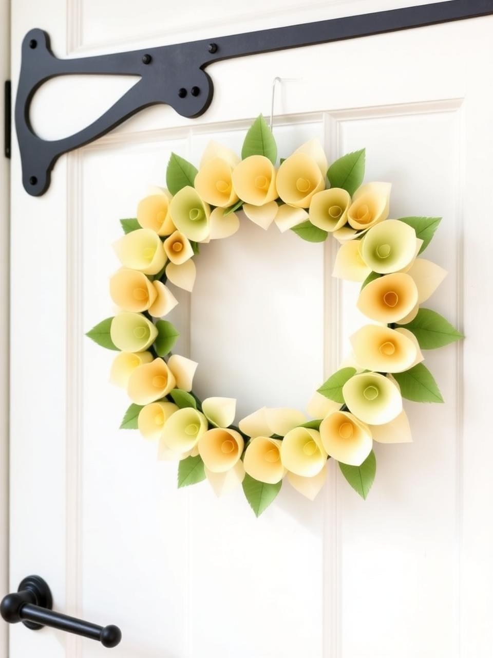 Paper flower wreath hanging on a white farmhouse door