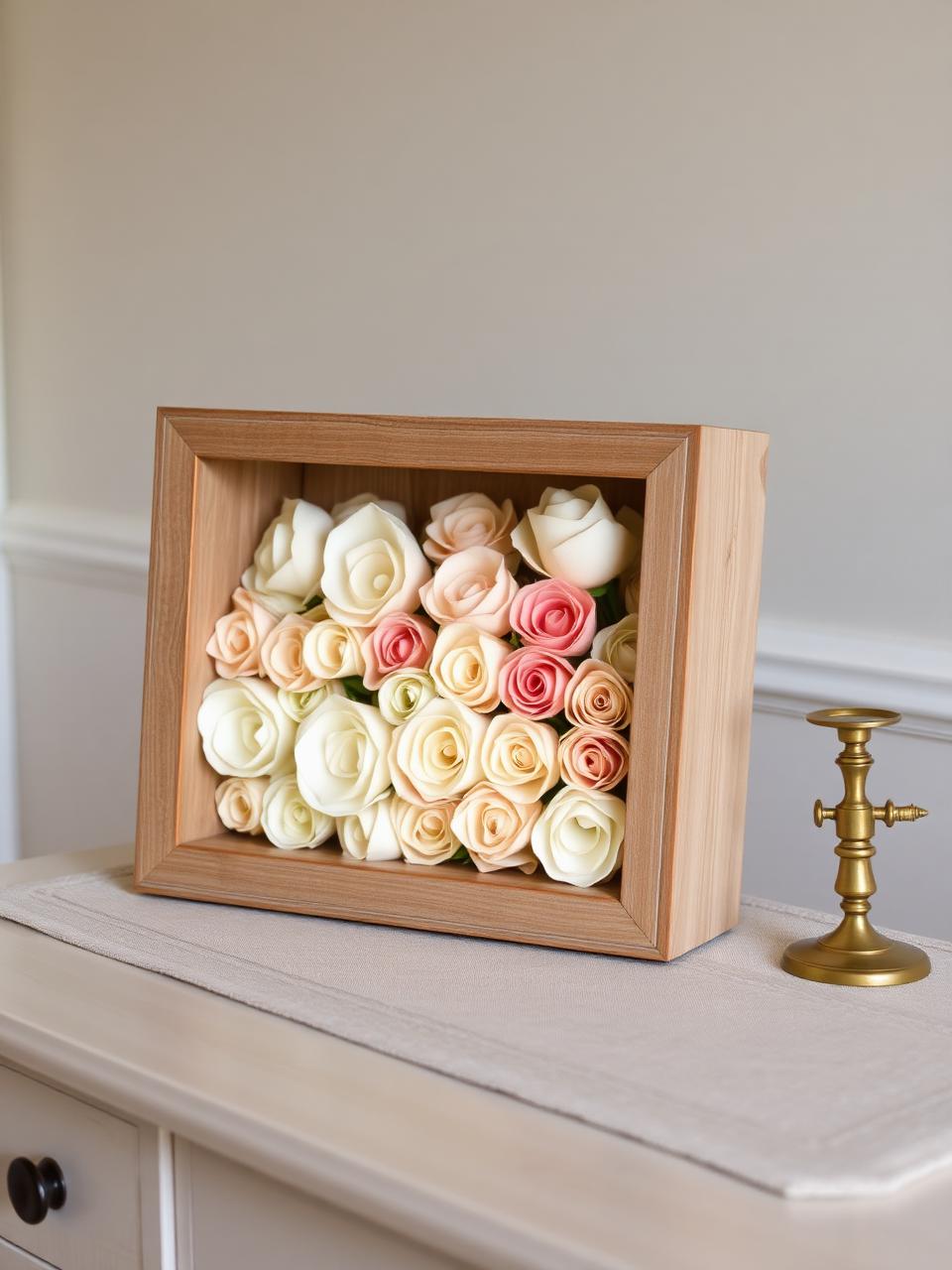 Custom rolled paper flower shadow box styled on a farmhouse dresser