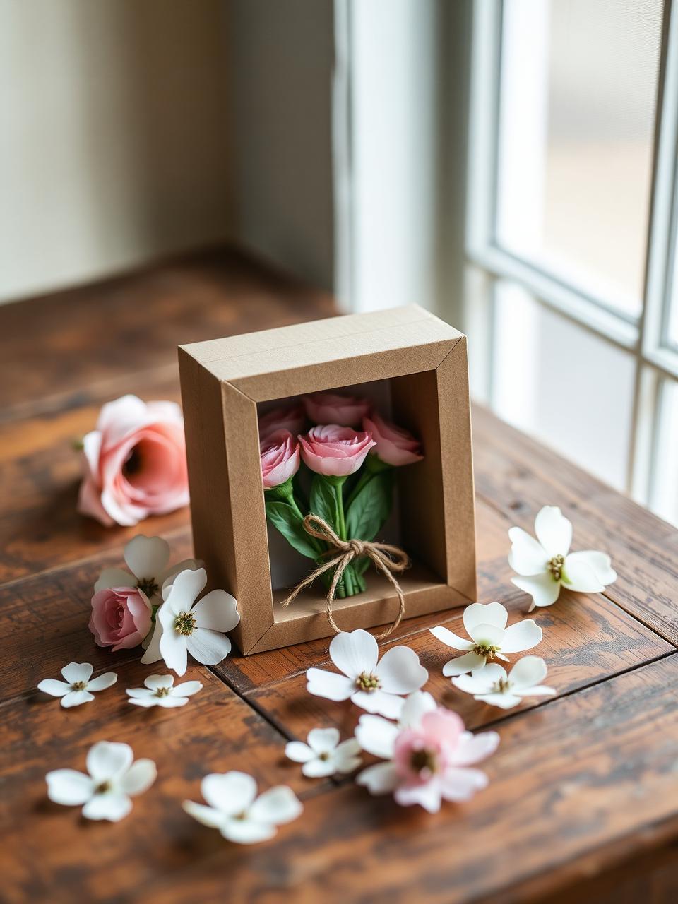 Small paper flower shadow box wrapped as a gift on a rustic wood table