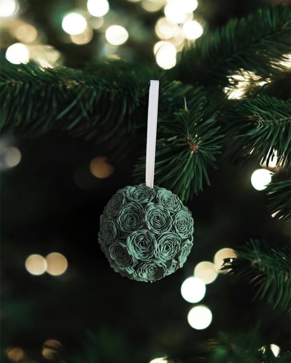 Dark Green Lisianthus Ornament w/white ribbon, 3"