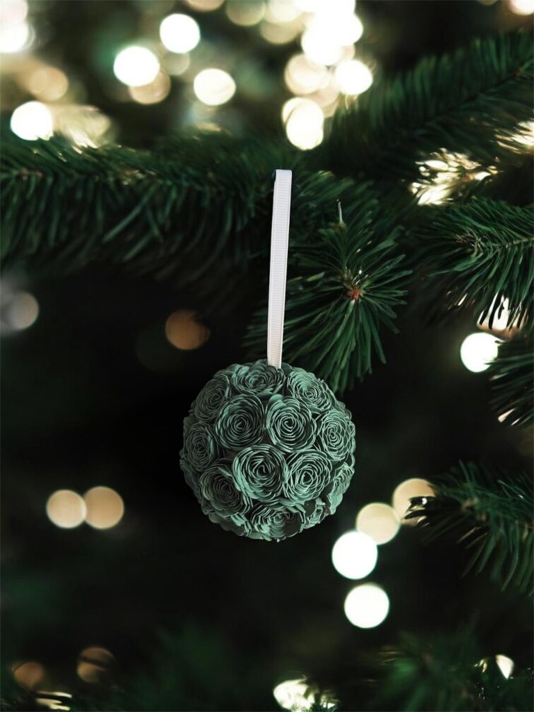 Dark Green Lisianthus Ornament w/white ribbon, 3"