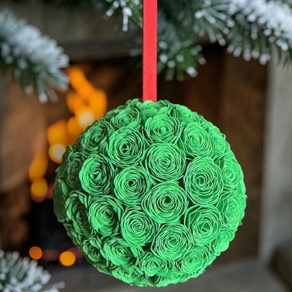 Green Lisianthus Ornament w/red ribbon, 3.5"
