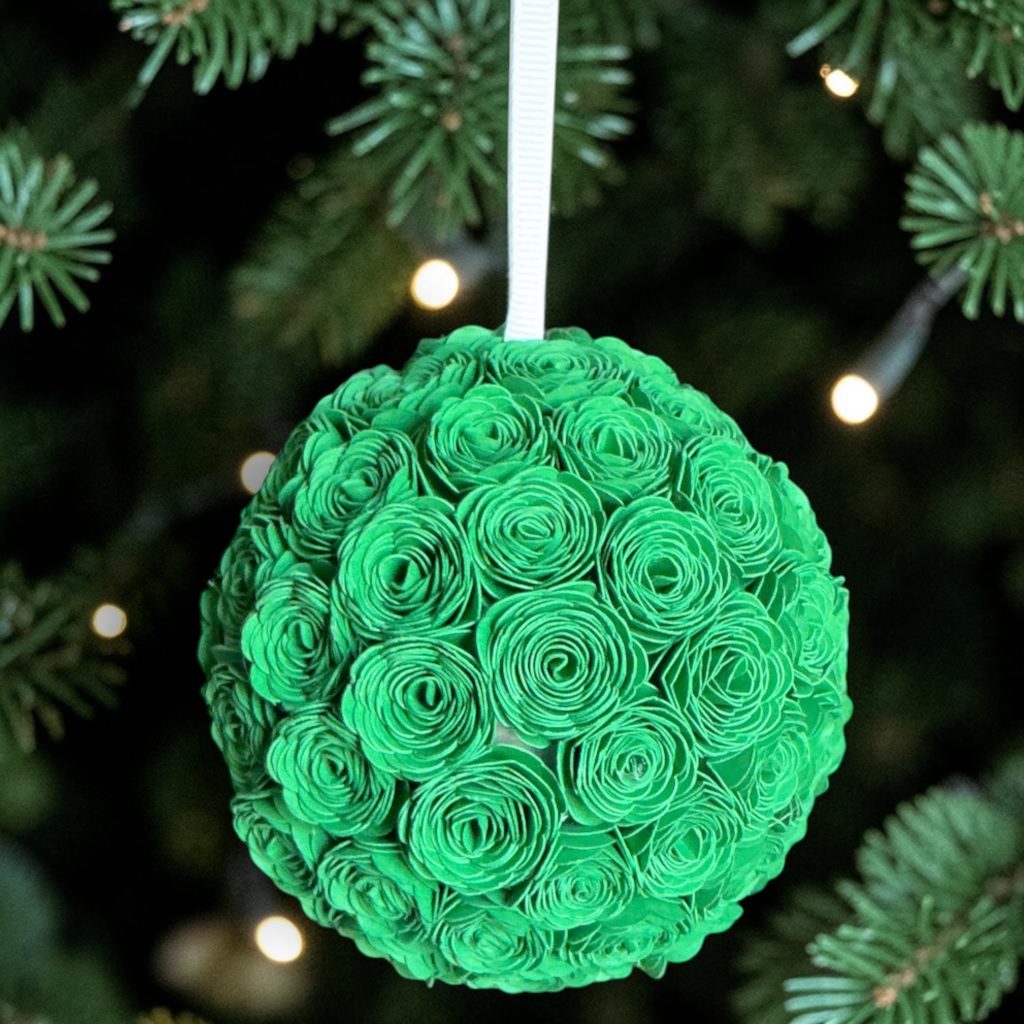 Green Lisianthus Ornament w/white ribbon, 3.5"