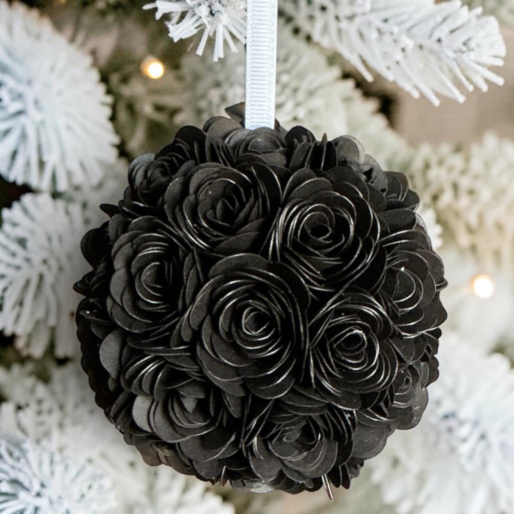 Black Rose Ornament w/white ribbon, 3"