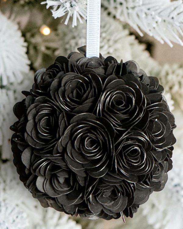 Black Rose Ornament w/white ribbon, 3"