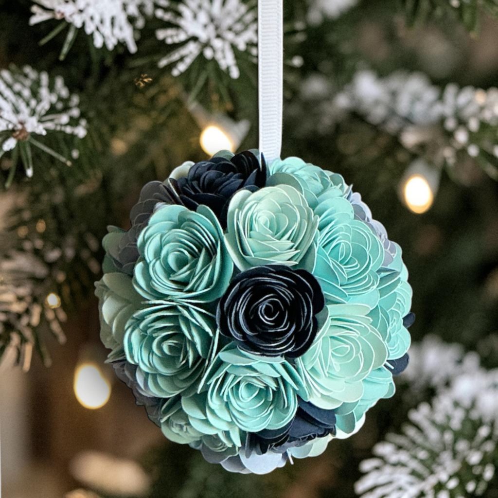 Variegated Blue Rose Ornament w/white ribbon, 3.5"