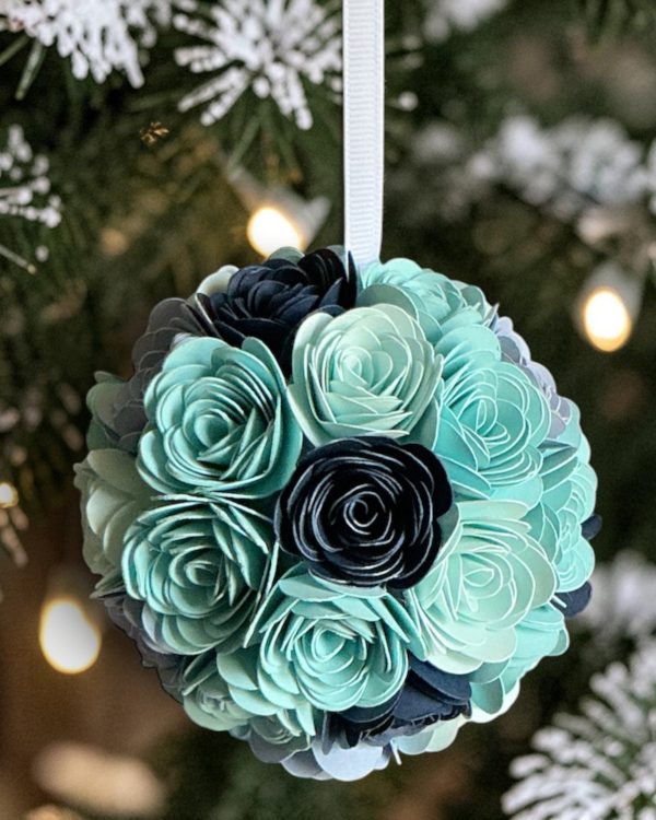 Variegated Blue Rose Ornament w/white ribbon, 3.5"