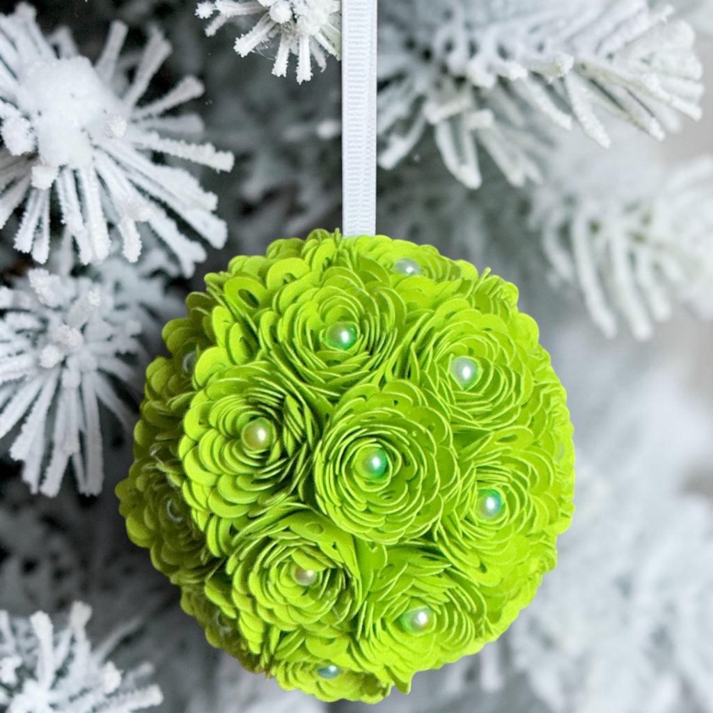 Bright Green Ranunculus Ornament w/white ribbon, 3.5"