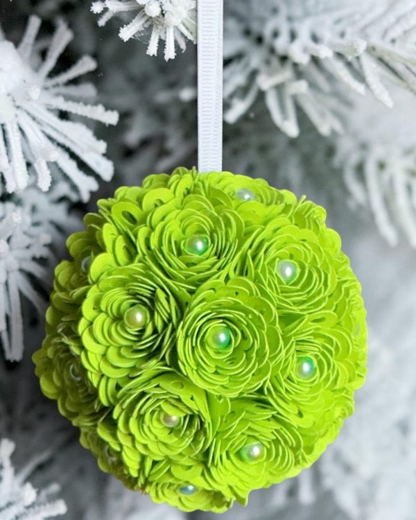 Bright Green Ranunculus Ornament w/white ribbon, 3.5"