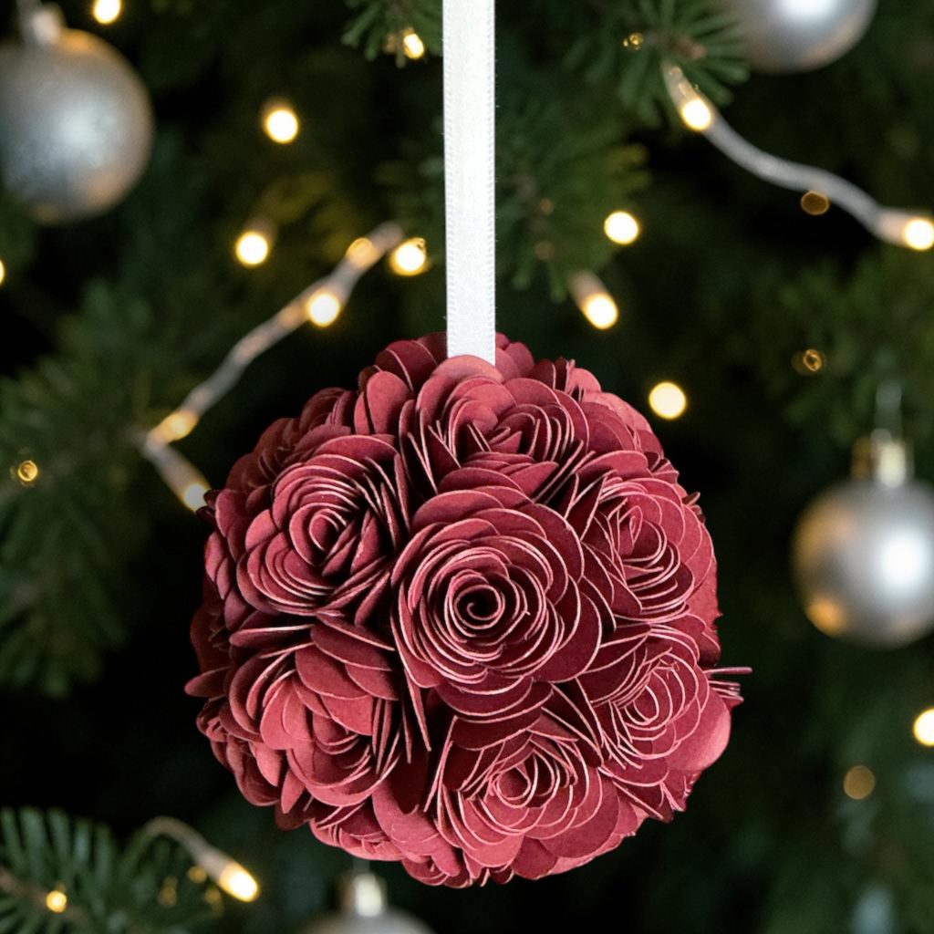 Burgundy Rose Ornament w/white ribbon, 3"