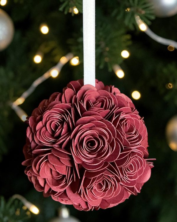 Burgundy Rose Ornament w/white ribbon, 3"