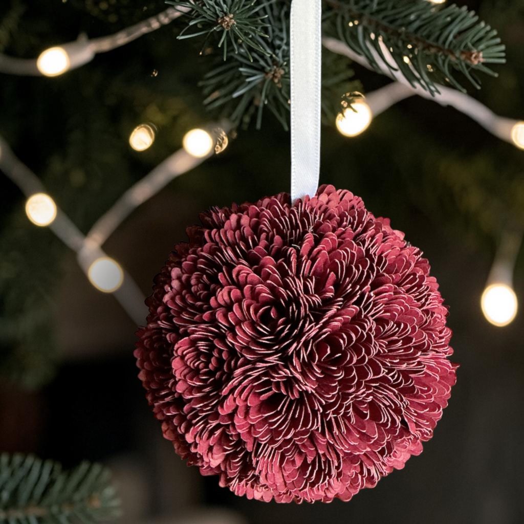 Burgundy Chrysanthemum Ornament w/white ribbon, 3"