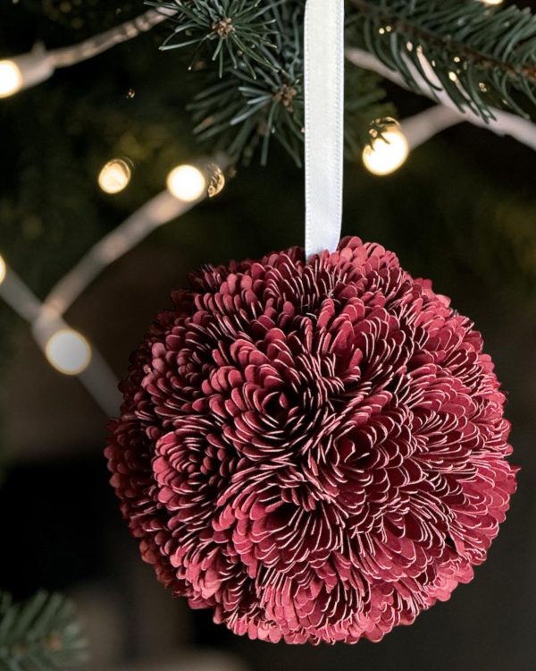 Burgundy Chrysanthemum Ornament w/white ribbon, 3"