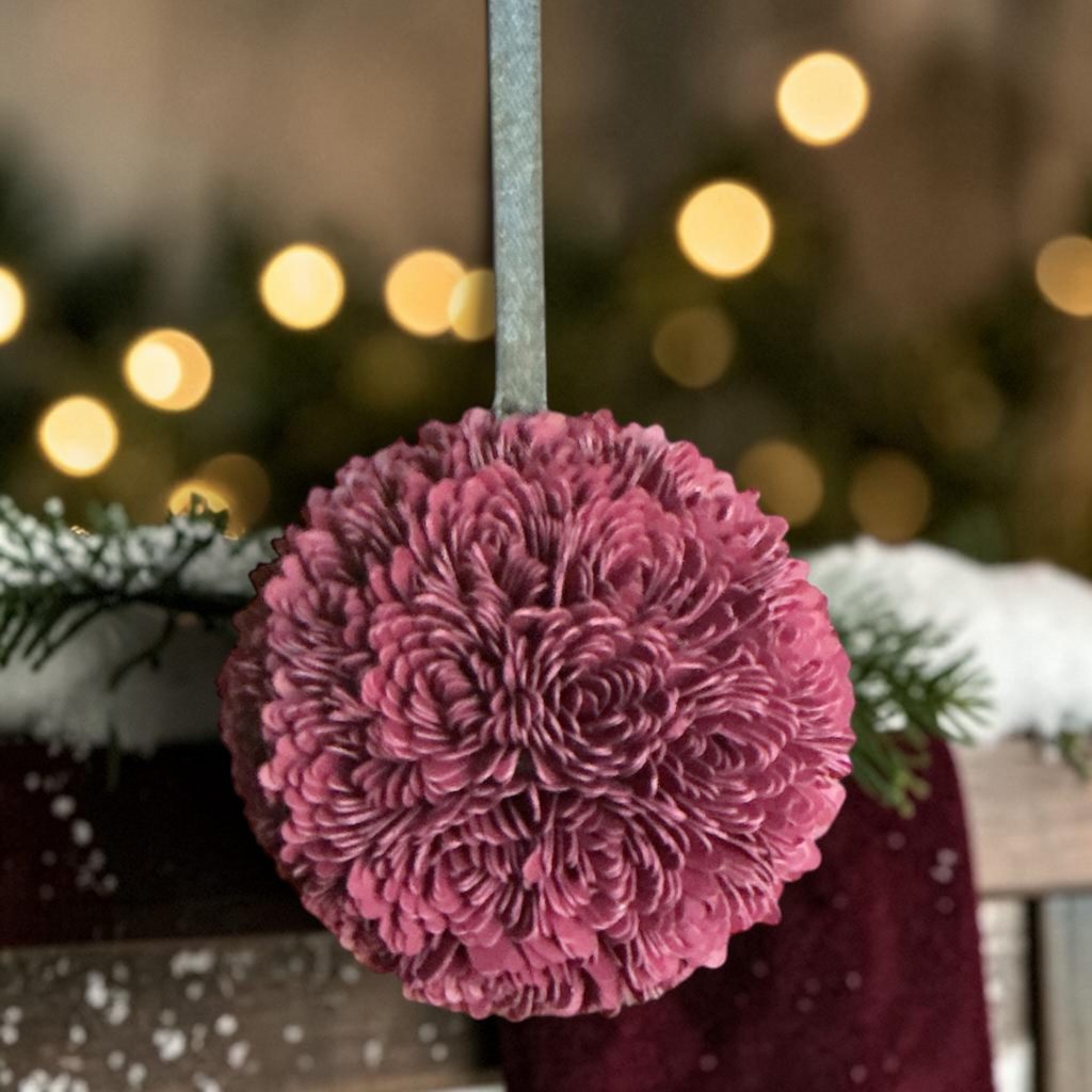 Burgundy Chrysanthemum Ornament w/black ribbon, 3"