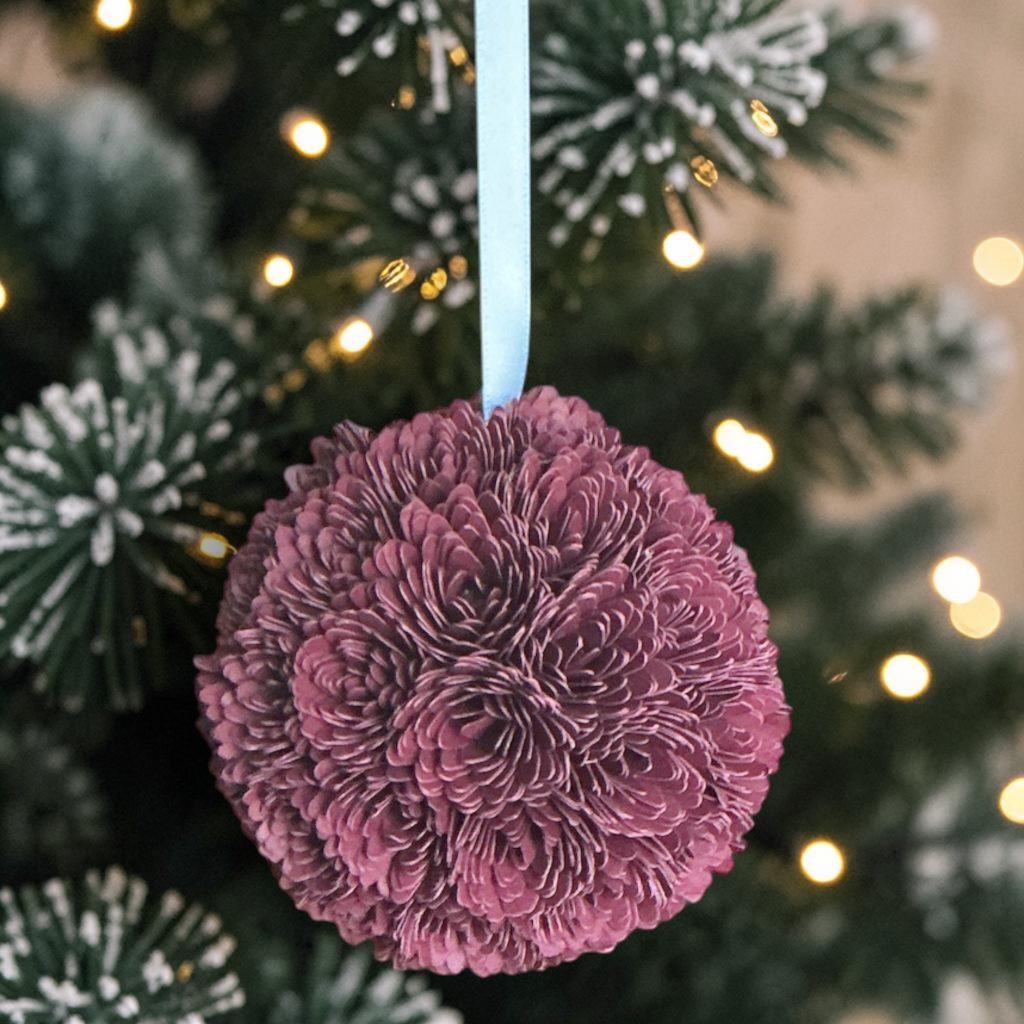 Burgundy Chrysanthemum Ornament w/white ribbon, 3"