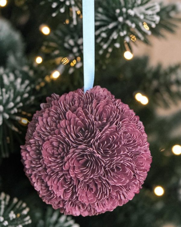 Burgundy Chrysanthemum Ornament w/white ribbon, 3"