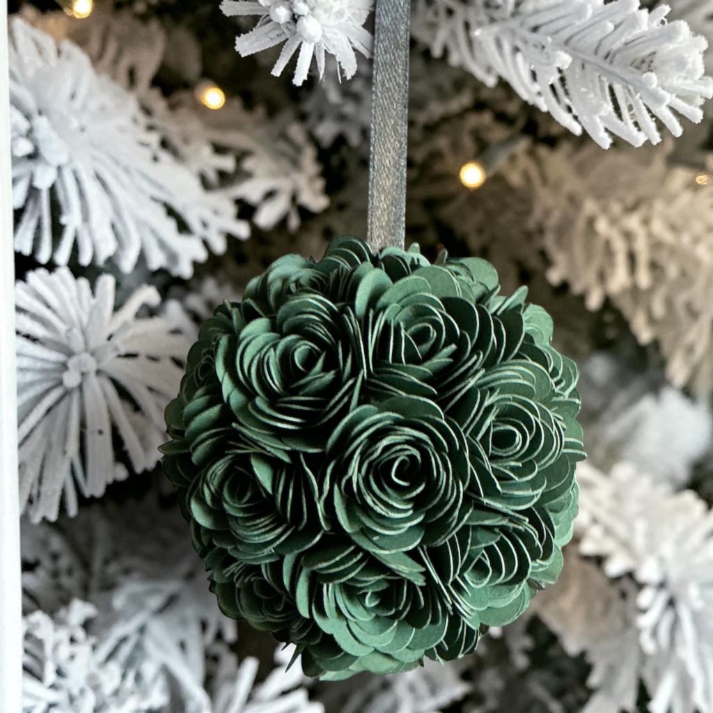 Dark Green Rose Ornament w/black ribbon, 3.5"