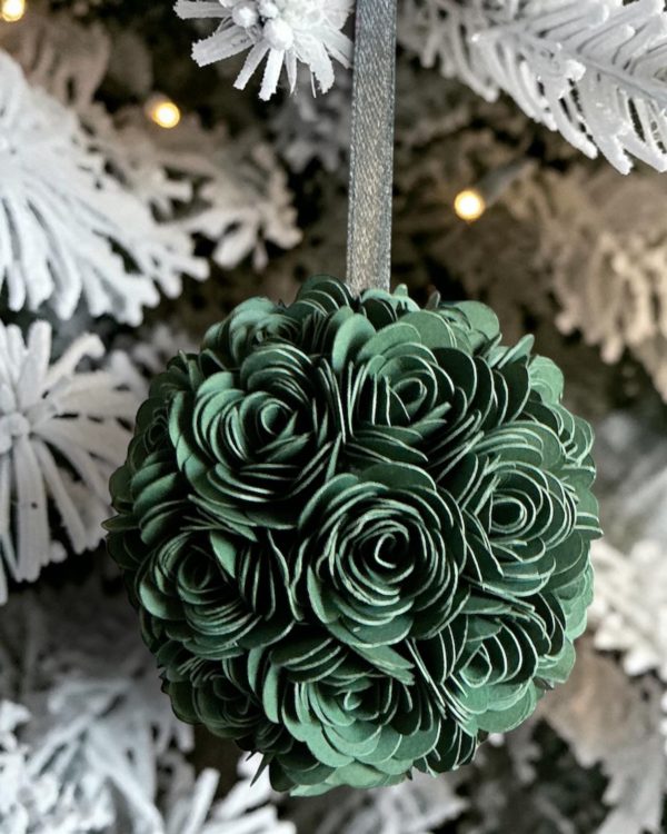 Dark Green Rose Ornament w/black ribbon, 3.5"
