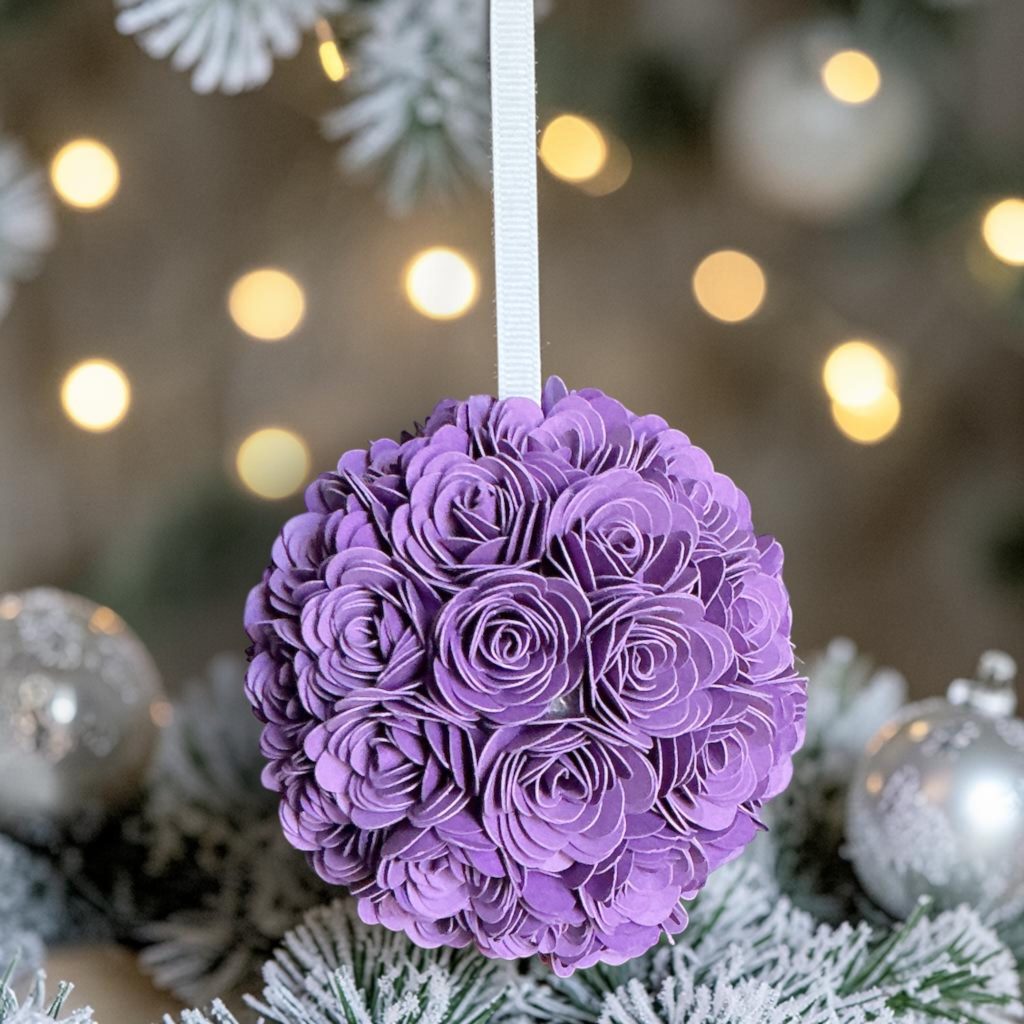 Purple Rose Ornament w/white ribbon, 3"