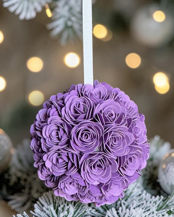 Purple Rose Ornament w/white ribbon, 3"