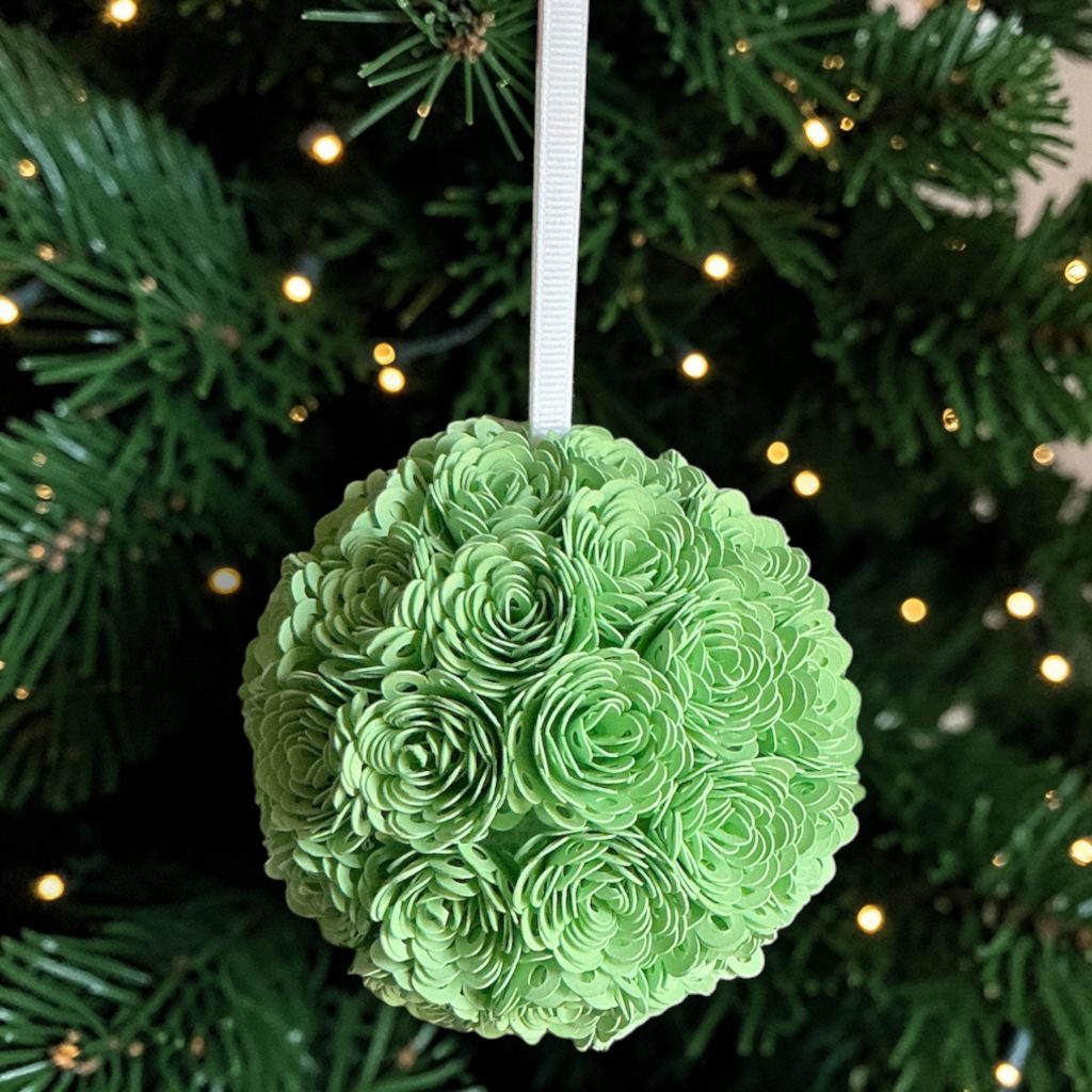 Light Green Ranunculus Ornament w/white ribbon, 3.5"