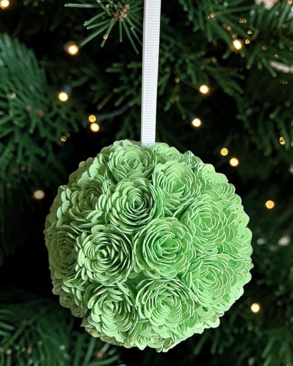 Light Green Ranunculus Ornament w/white ribbon, 3.5"