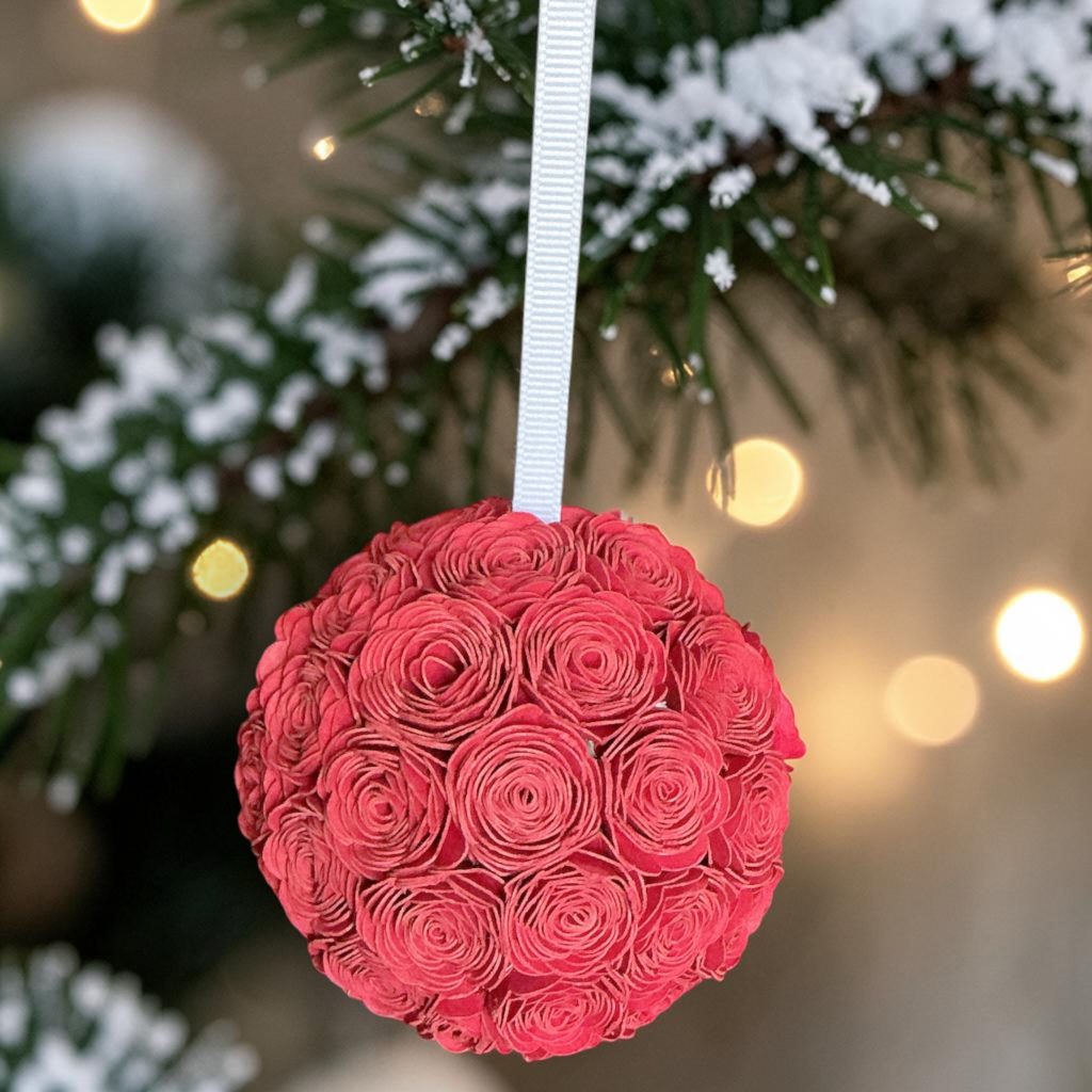 Red Lisianthus Ornament w/white ribbon, 3"