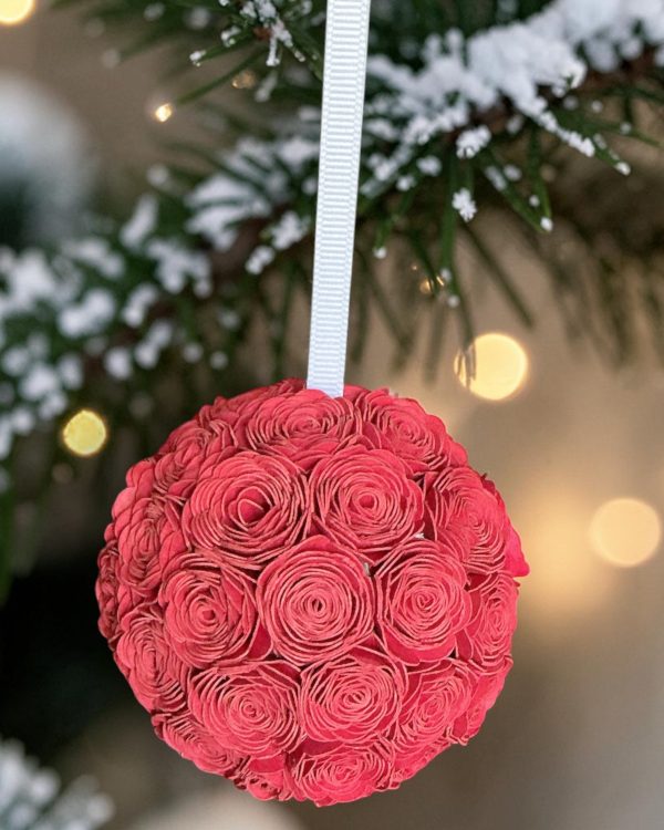 Red Lisianthus Ornament w/white ribbon, 3"