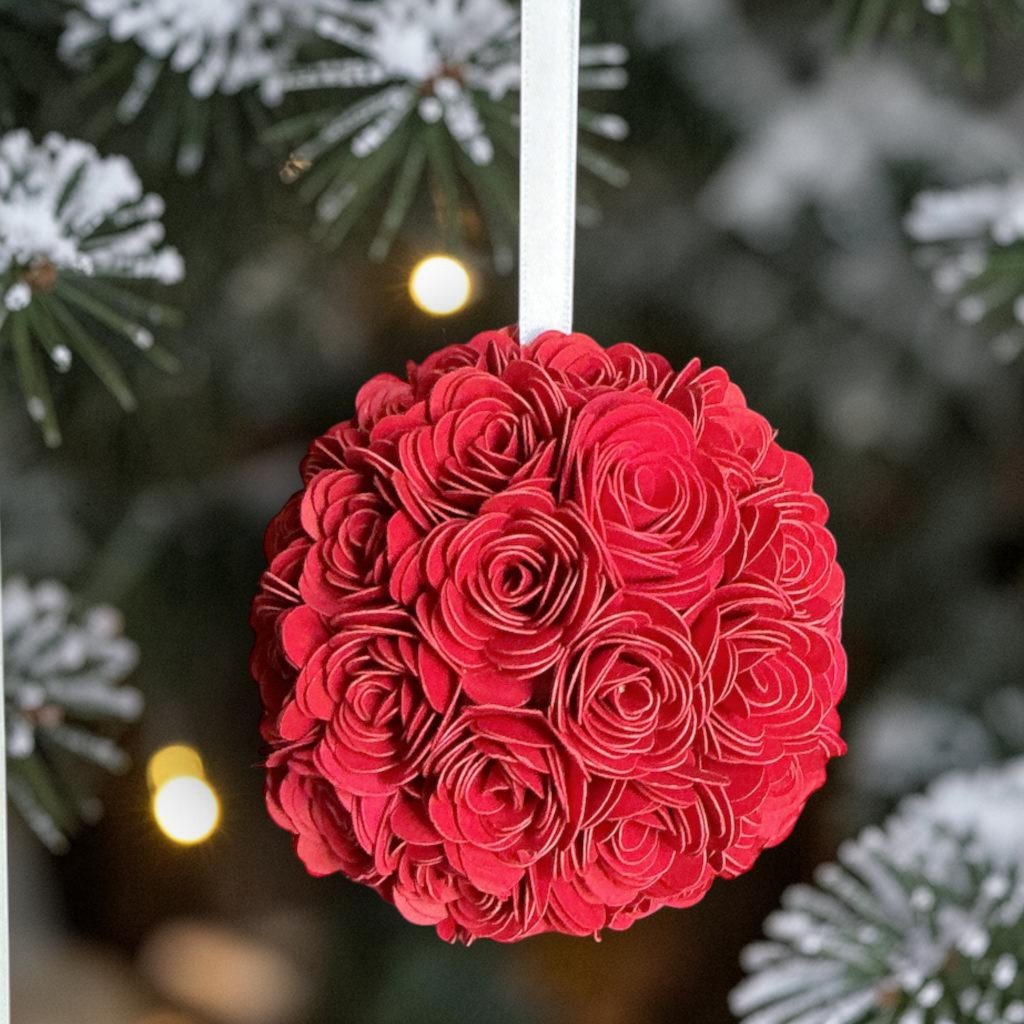 Red Rose Ornament w/white ribbon, 3"