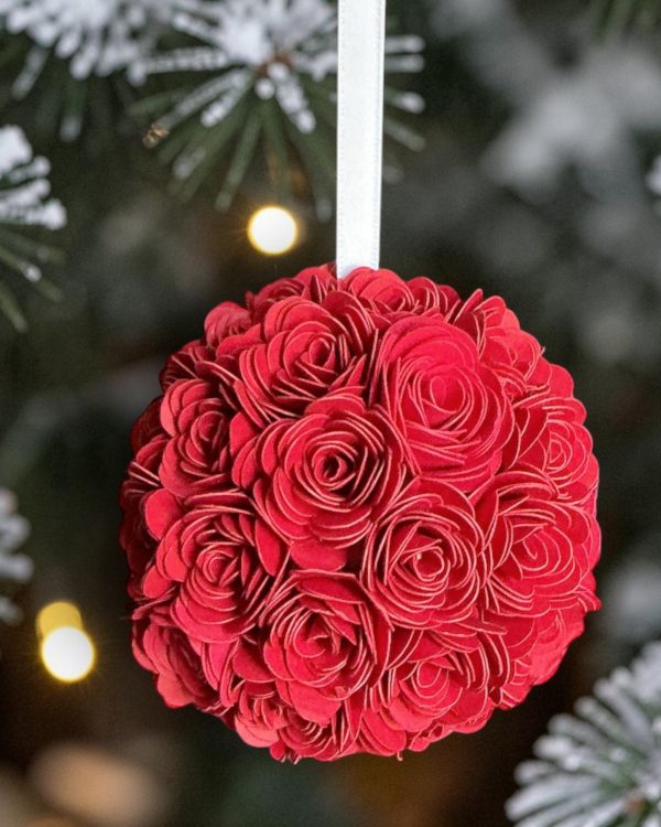 Red Rose Ornament w/white ribbon, 3"