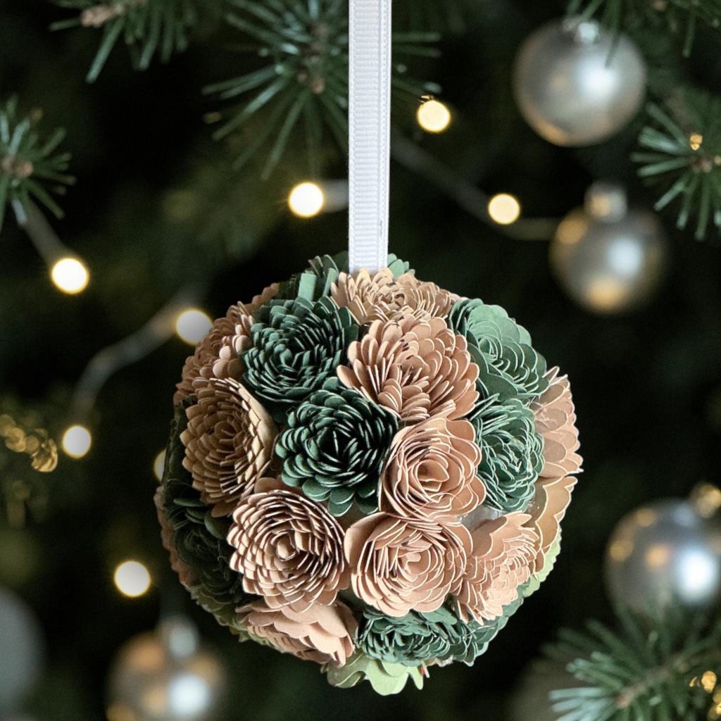 Variegated Green/Tan Ornament w/white ribbon, 3"