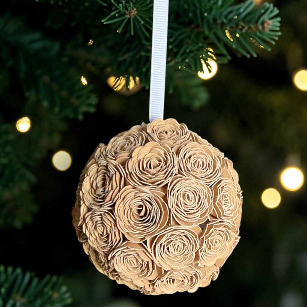 Tan Lisianthus Ornament w/white ribbon, 3"