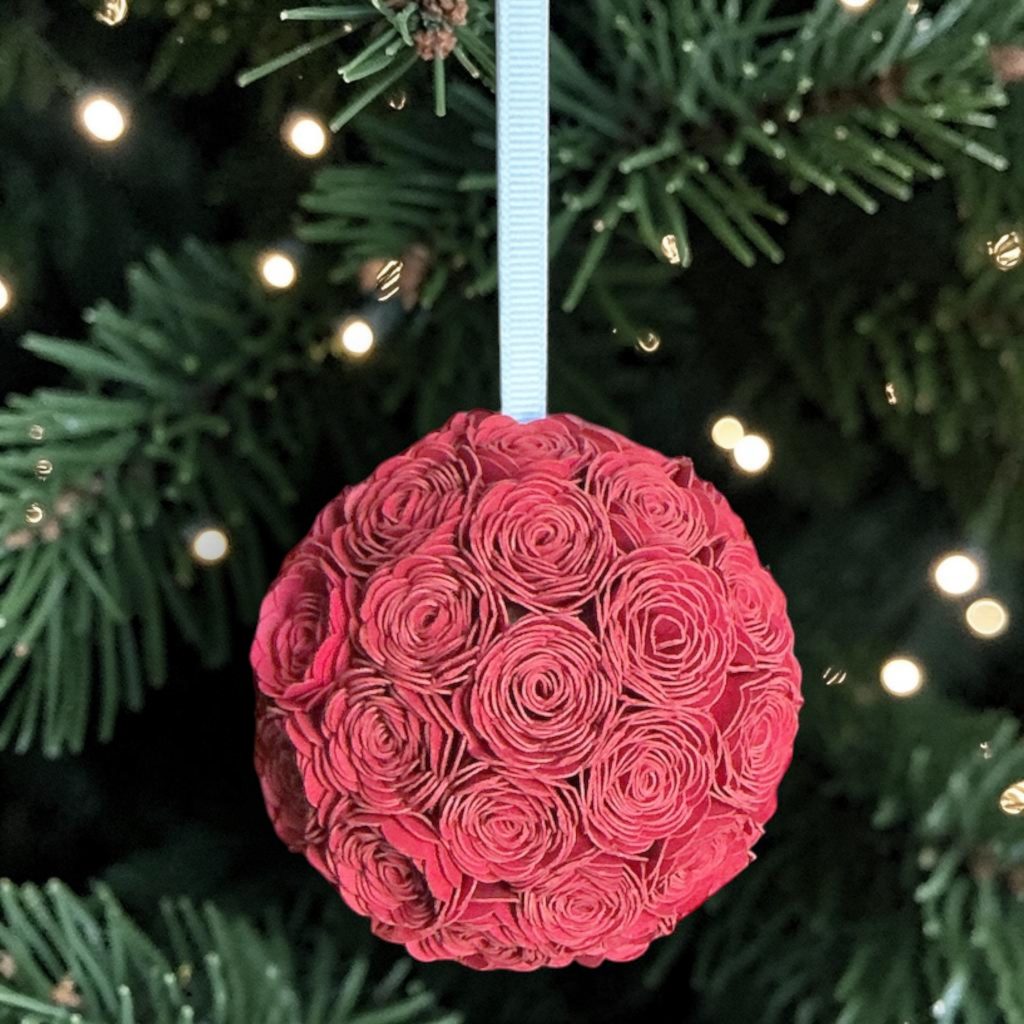 Red Lisianthus Ornament w/white ribbon, 3"