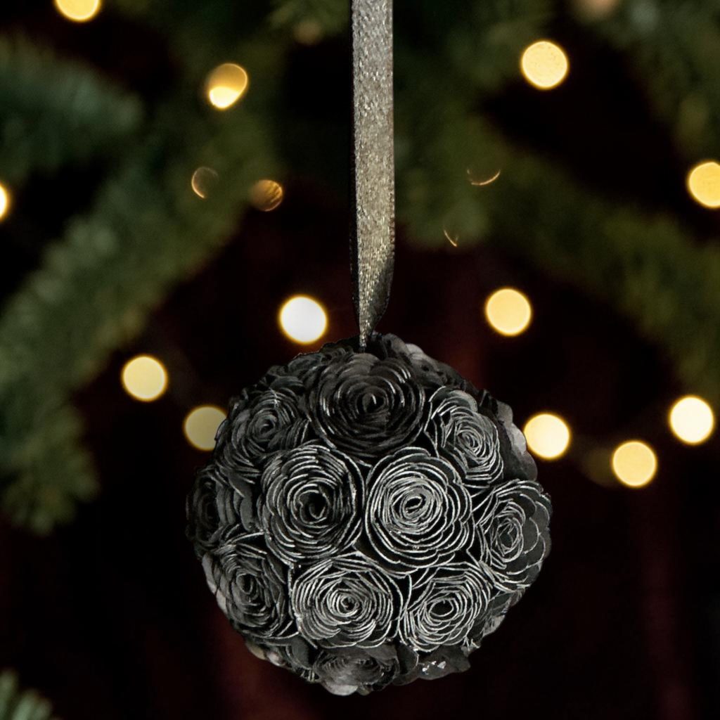 Black Lisianthus Ornament w/black ribbon, 2.5"