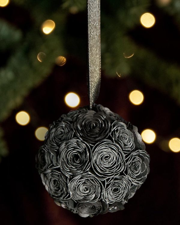 Black Lisianthus Ornament w/black ribbon, 2.5"