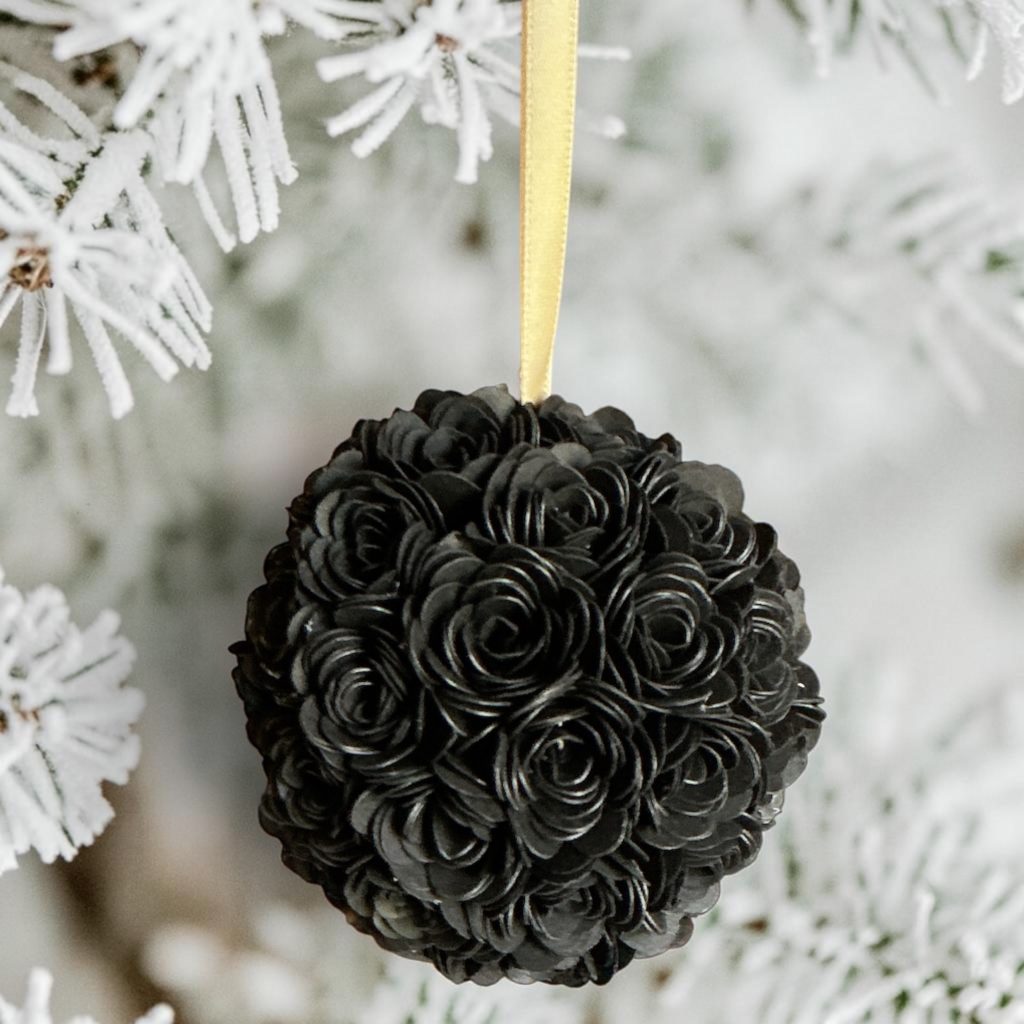 Black Rose Ornament w/gold ribbon, 3"