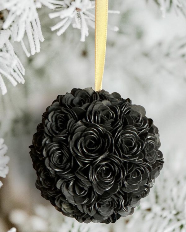 Black Rose Ornament w/gold ribbon, 3"