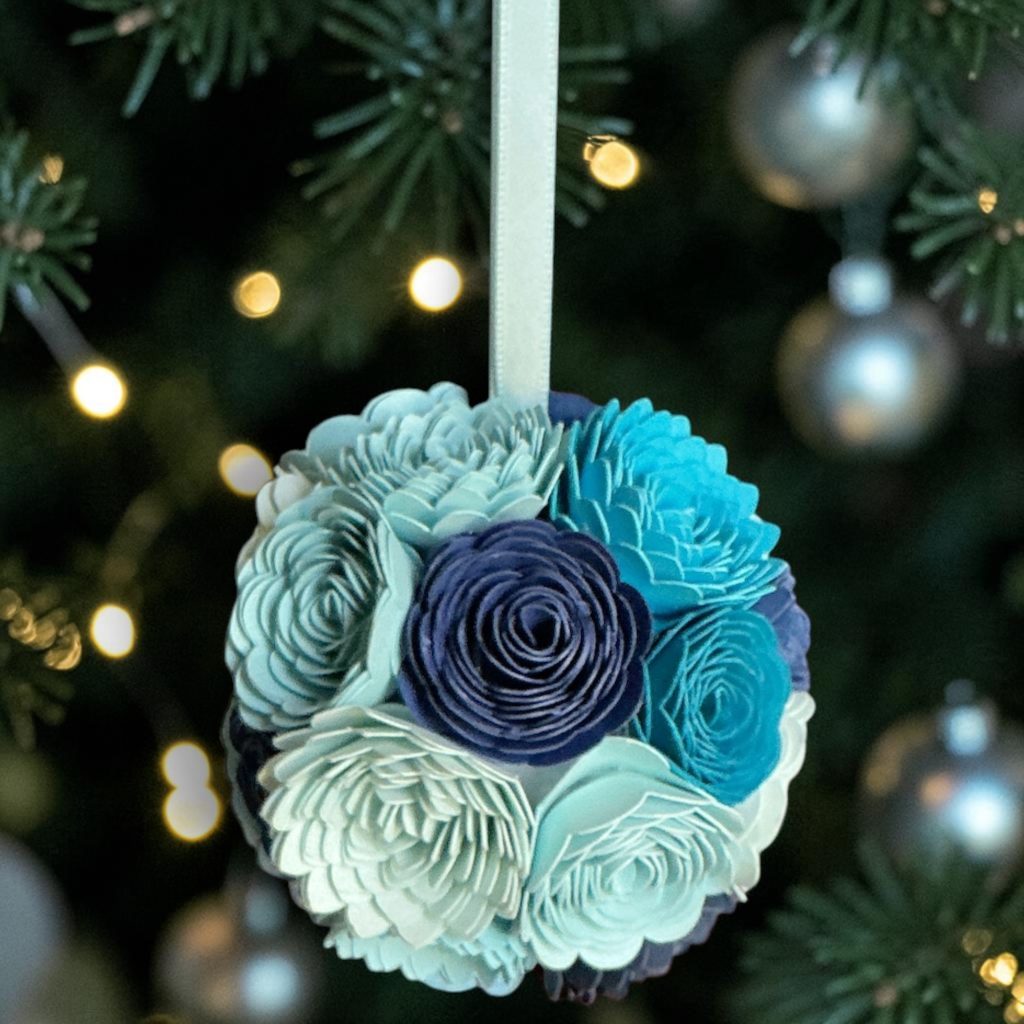 Variegated Blue Ornament w/white ribbon, 3"