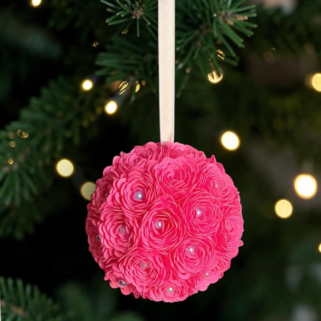 Bright Pink Ranunculus pearls w/pink ribbon, 3"