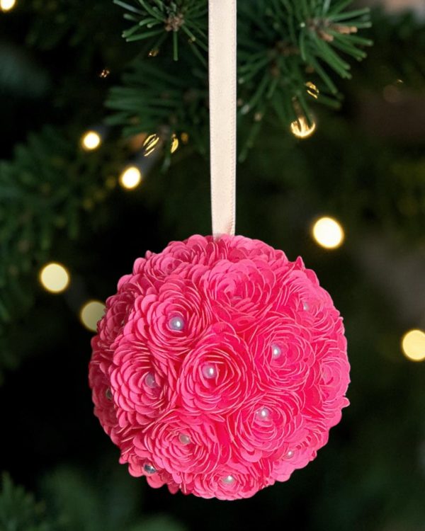 Bright Pink Ranunculus pearls w/pink ribbon, 3"