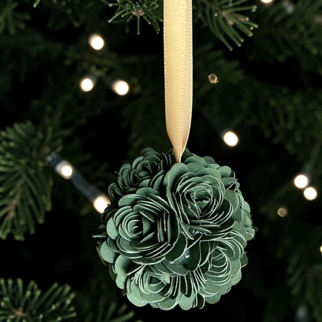 Dark Green Rose Ornament w/gold ribbon, 2"