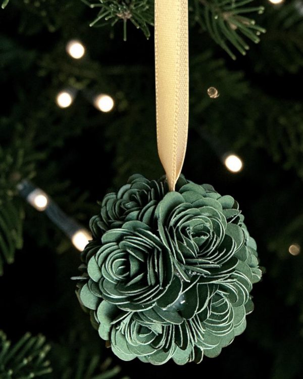 Dark Green Rose Ornament w/gold ribbon, 2"