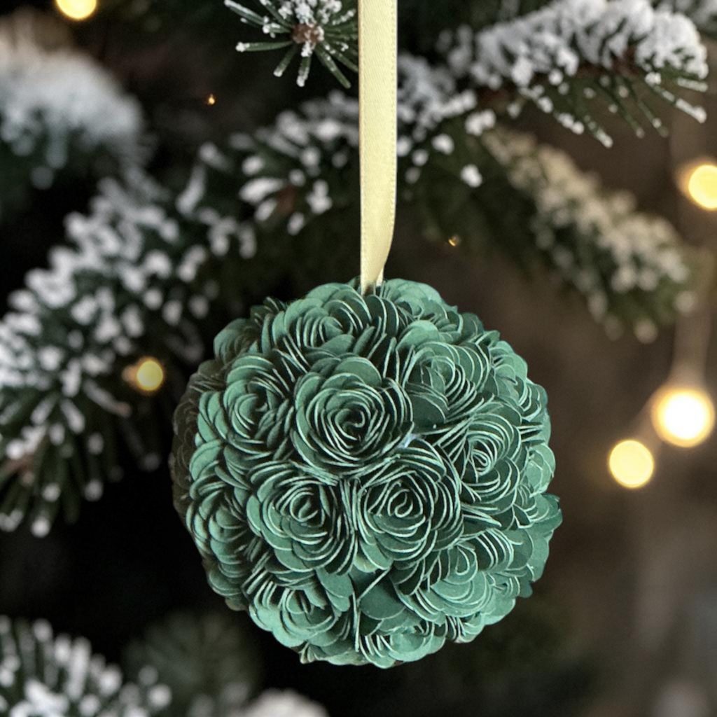 Dark Green Rose Ornament w/gold ribbon, 3"