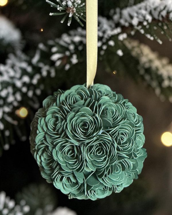 Dark Green Rose Ornament w/gold ribbon, 3"